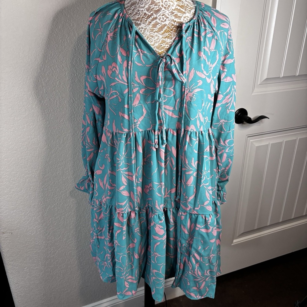 Haptics Mint Floral Print Front Ribbon Bow Tiered Dress M Boho NWOT Romance